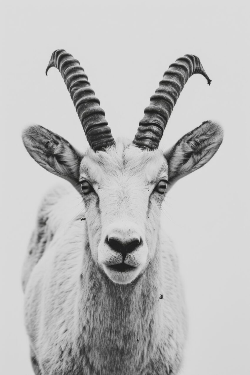 Fotografie Poster Steinbock frontal schwarz-weiß