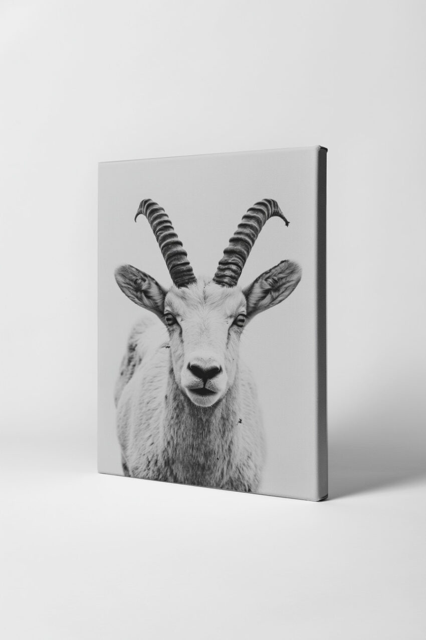 Fotografie Poster Steinbock frontal schwarz-weiß