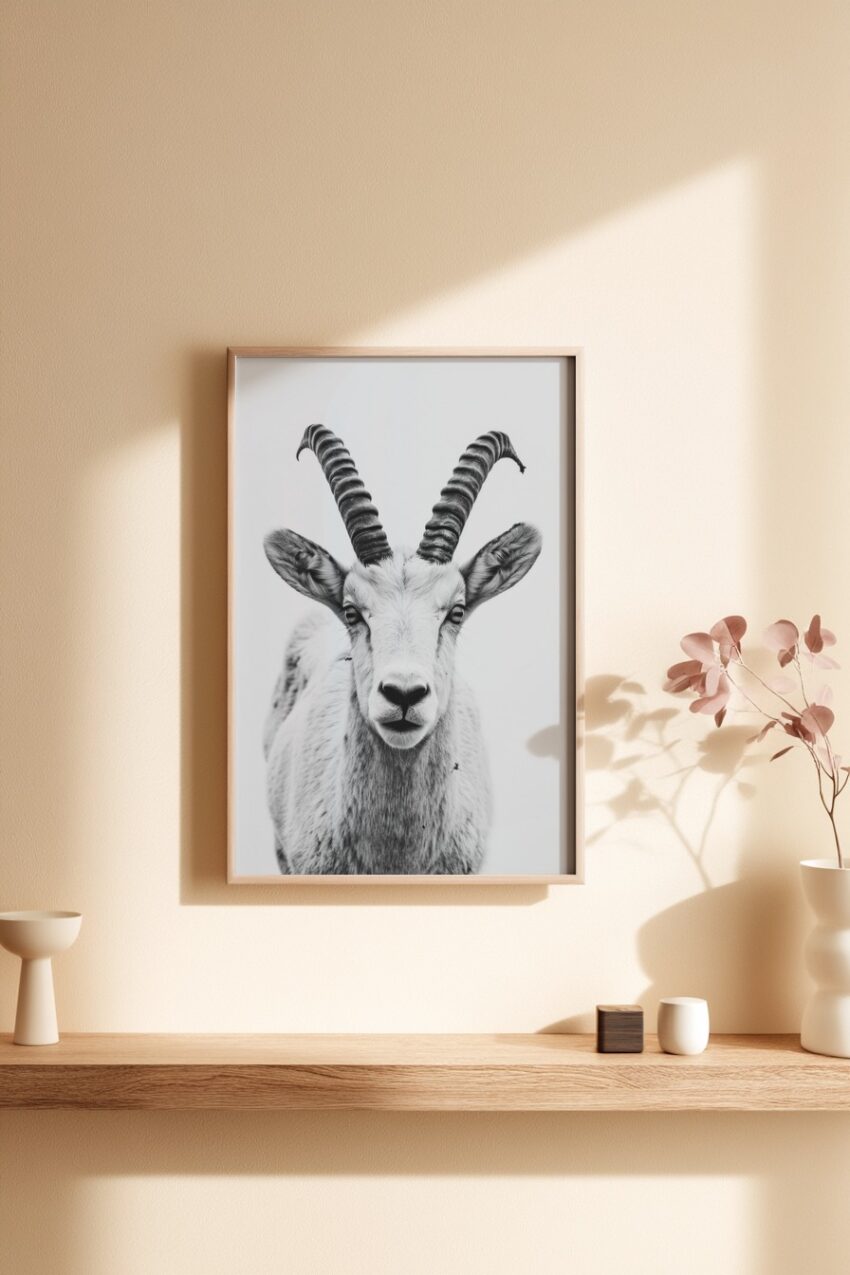Fotografie Poster Steinbock frontal schwarz-weiß