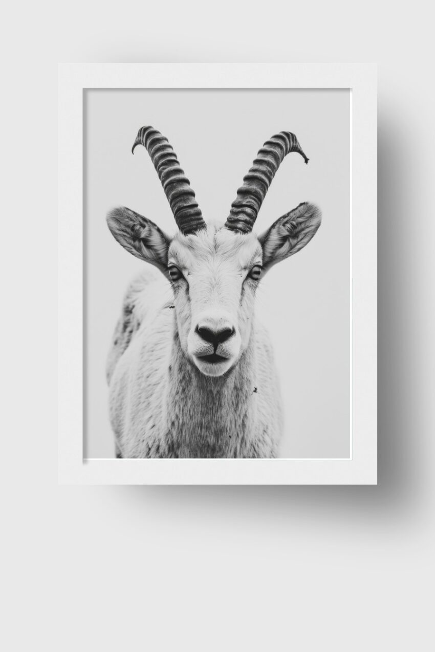 Fotografie Poster Steinbock frontal schwarz-weiß