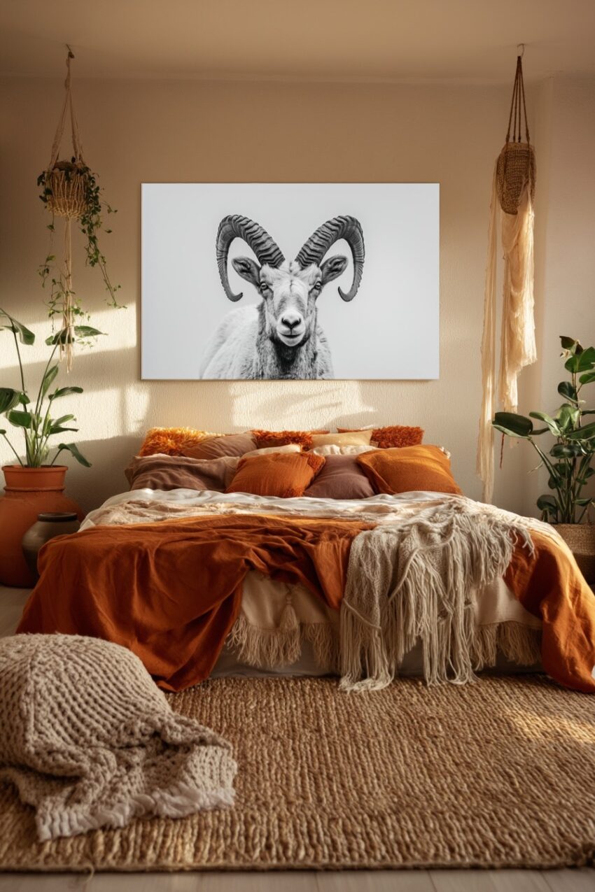 Fotografie Poster Steinbock Vorderansicht schwarz-weiß