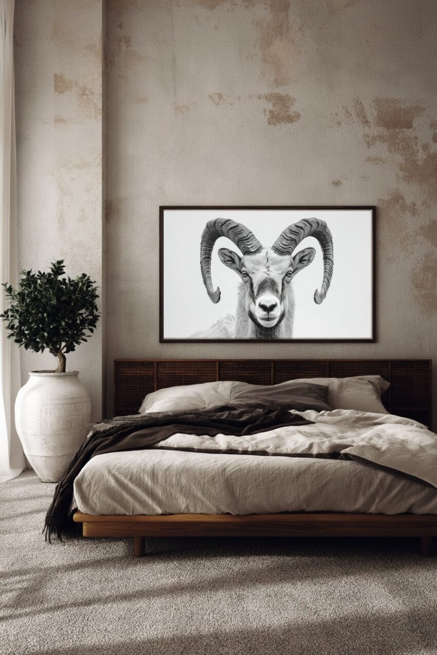Fotografie Poster Widder frontal schwarz-weiß kräftig