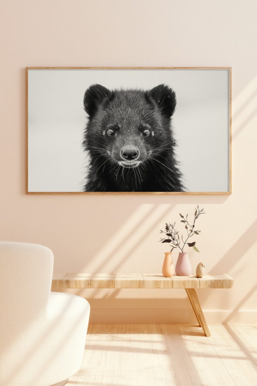 Fotografie Poster Marderhund Nahaufnahme schwarz-weiß intensiv