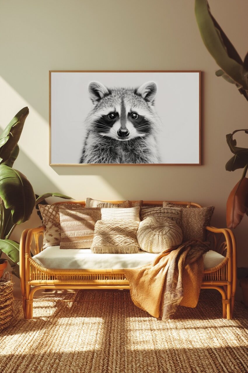 Fotografie Poster Waschbär Blick frontal schwarz-weiß