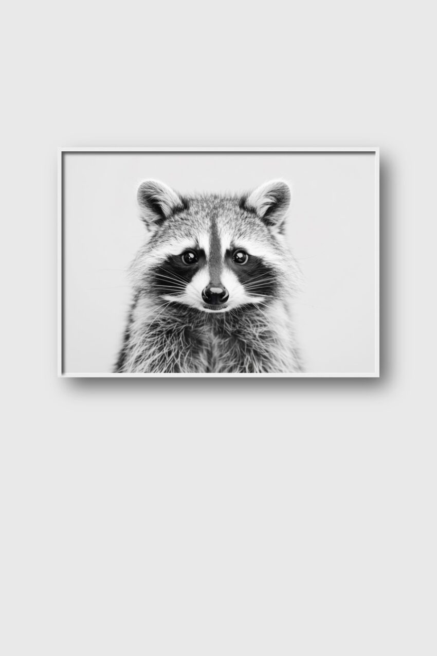 Fotografie Poster Waschbär Blick frontal schwarz-weiß