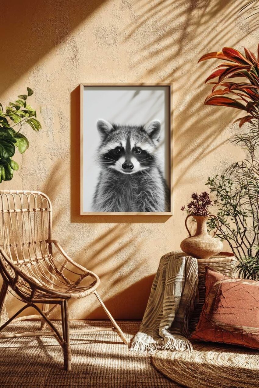 Fotografie Poster Waschbär Kopf frontal schwarz-weiß