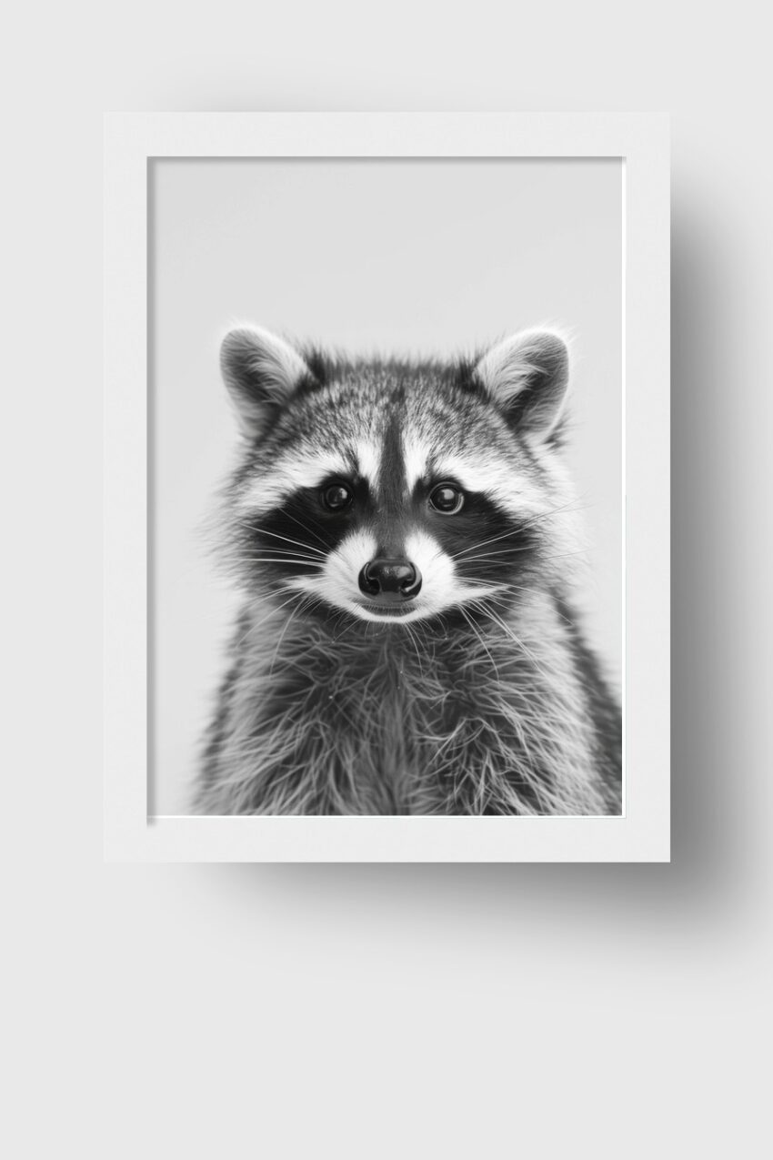 Fotografie Poster Waschbär Kopf frontal schwarz-weiß