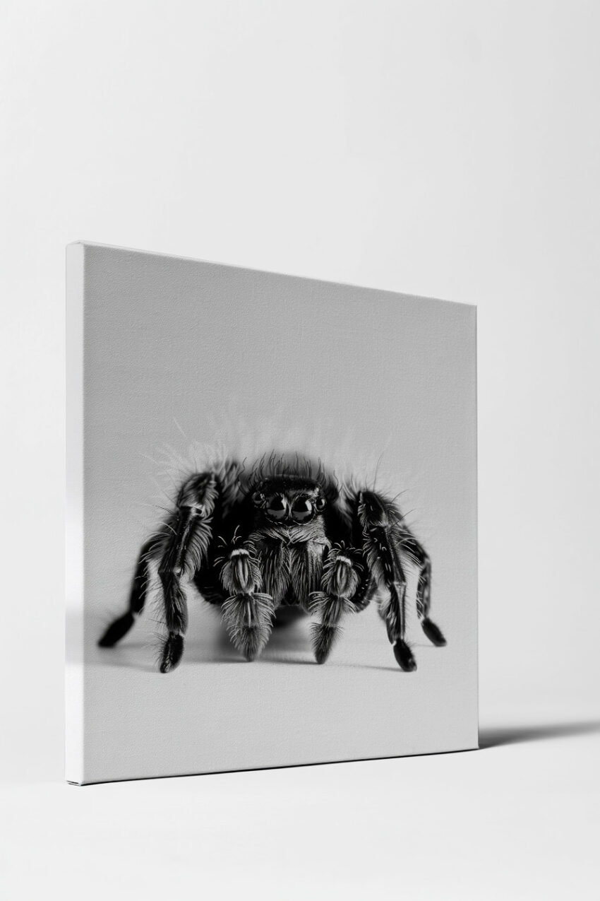 Fotografie Poster Springspinne Haare schwarz-weiß detailreich
