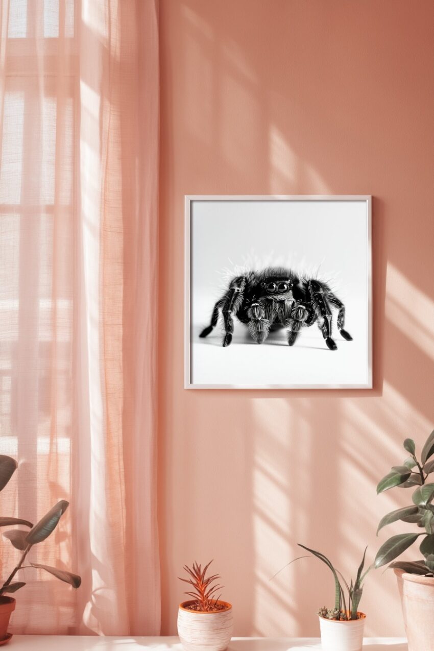 Fotografie Poster Springspinne Haare schwarz-weiß detailreich
