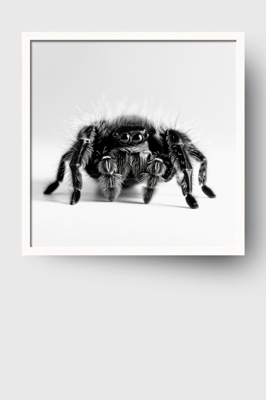 Fotografie Poster Springspinne Haare schwarz-weiß detailreich