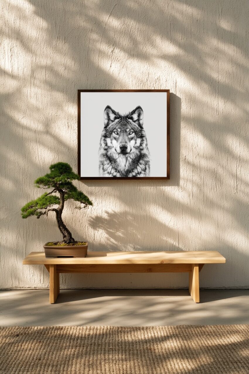 Fotografie Poster Wolf frontal schwarz-weiß