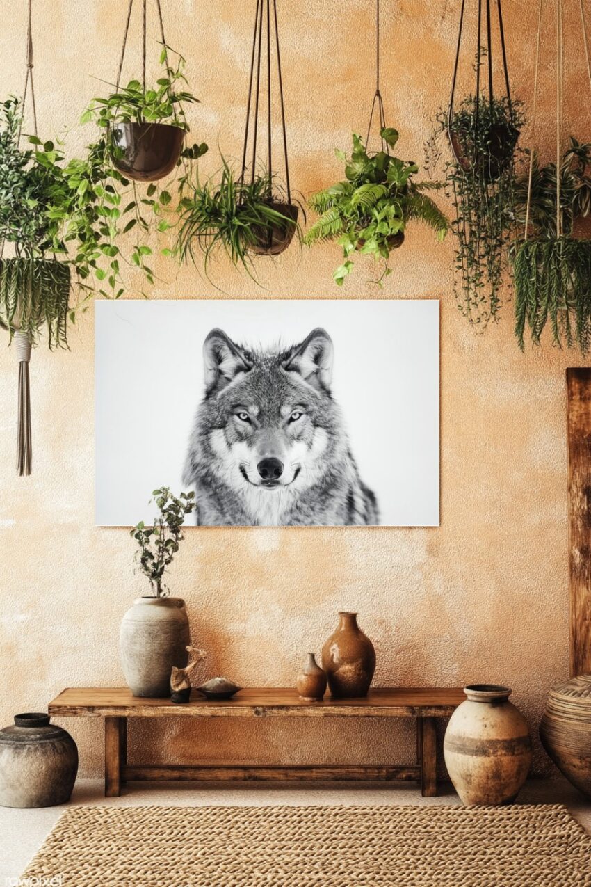 Fotografie Poster Wolf frontal grau schwarz-weiß