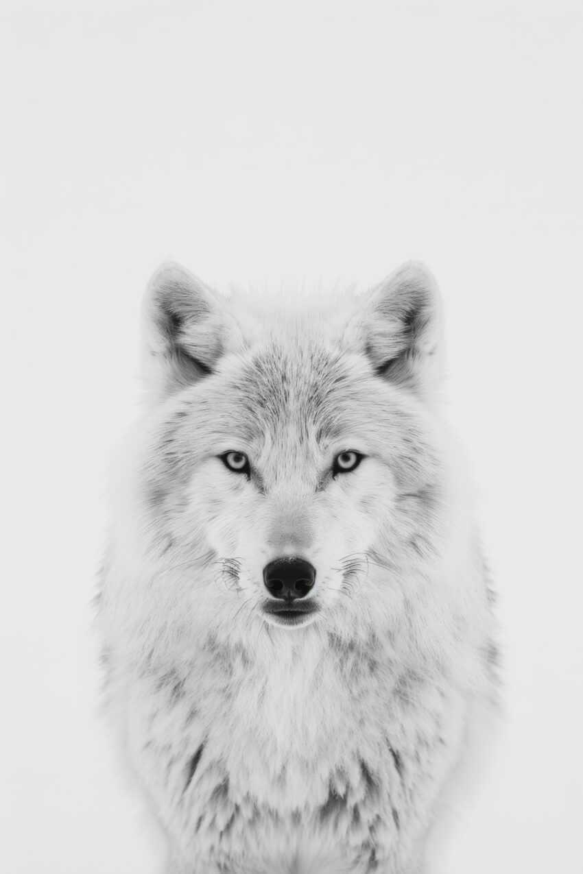 Fotografie Poster Wolf Blick frontal weiß schwarz-weiß