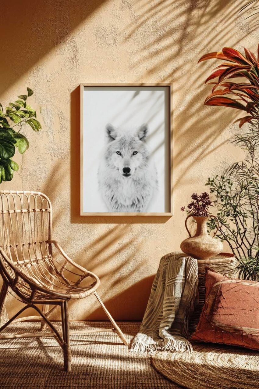 Fotografie Poster Wolf Blick frontal weiß schwarz-weiß