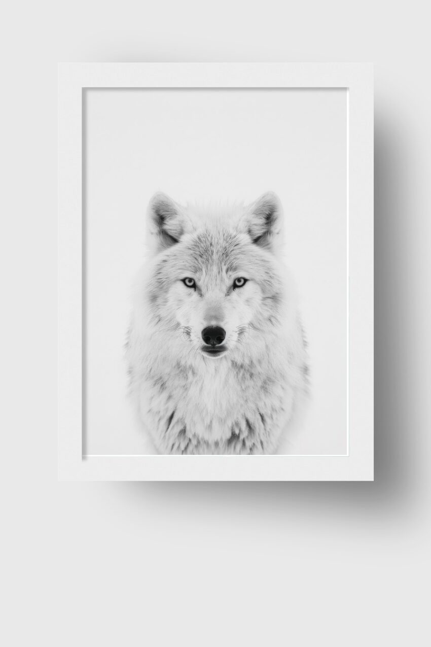 Fotografie Poster Wolf Blick frontal weiß schwarz-weiß