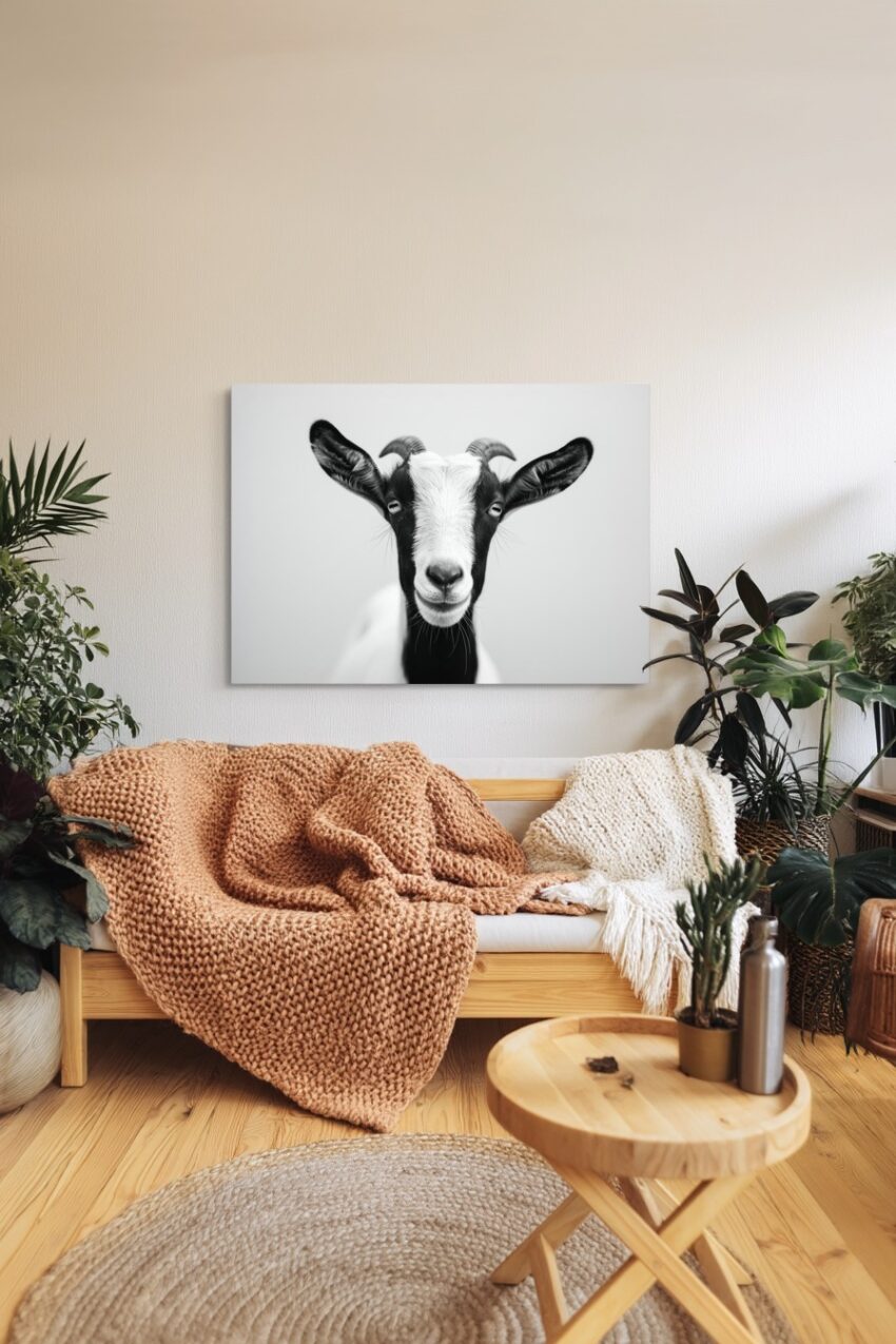 Fotografie Poster Ziege frontal schwarz-weiß Nahaufnahme