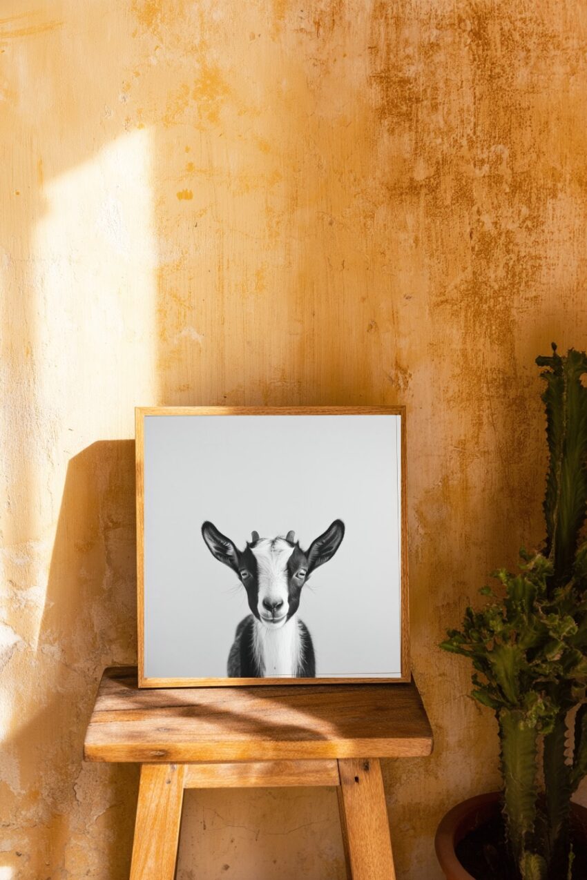 Fotografie Poster Ziegenkopf frontal schwarz-weiß klar