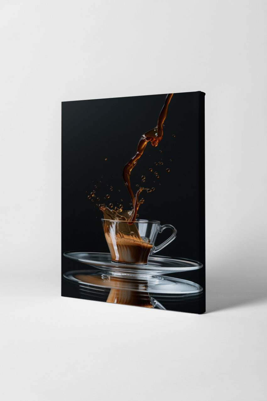 Fotografie Poster Kaffee spritzt Glas Tasse braun