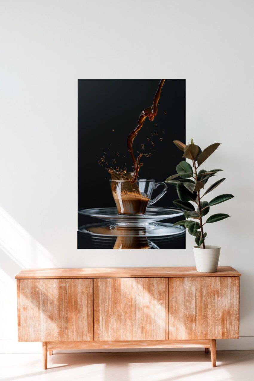 Fotografie Poster Kaffee spritzt Glas Tasse braun