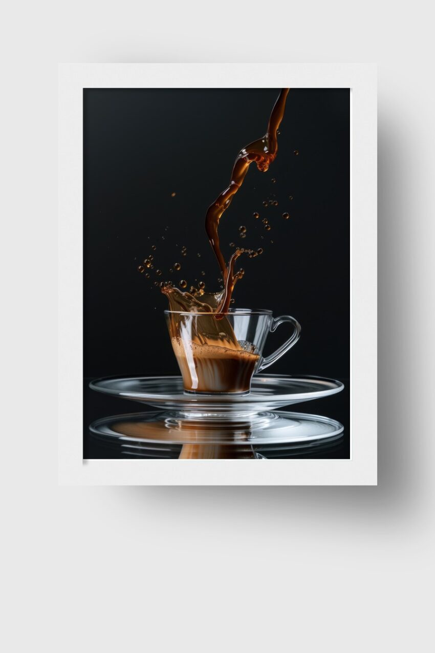 Fotografie Poster Kaffee spritzt Glas Tasse braun