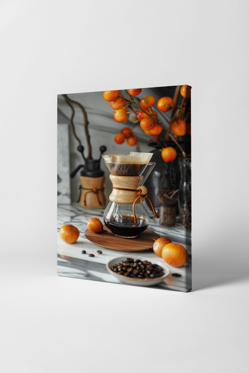Fotografie Poster Kaffeezubereiter Holzgriff Glas minimalistisch