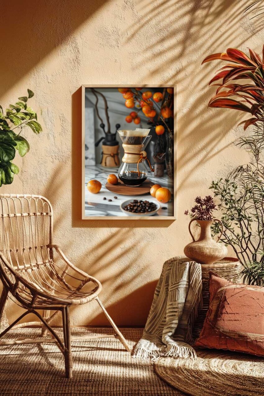 Fotografie Poster Kaffeezubereiter Holzgriff Glas minimalistisch