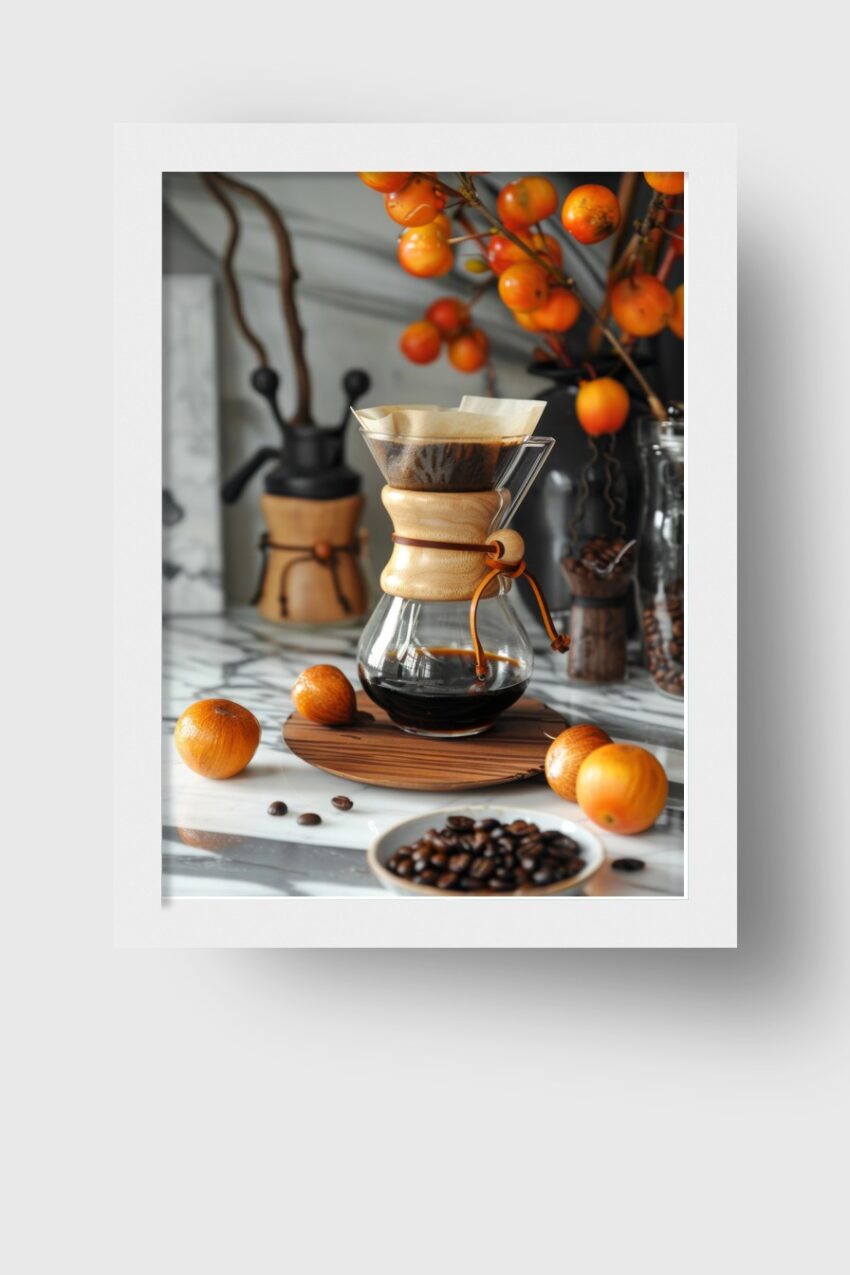Fotografie Poster Kaffeezubereiter Holzgriff Glas minimalistisch