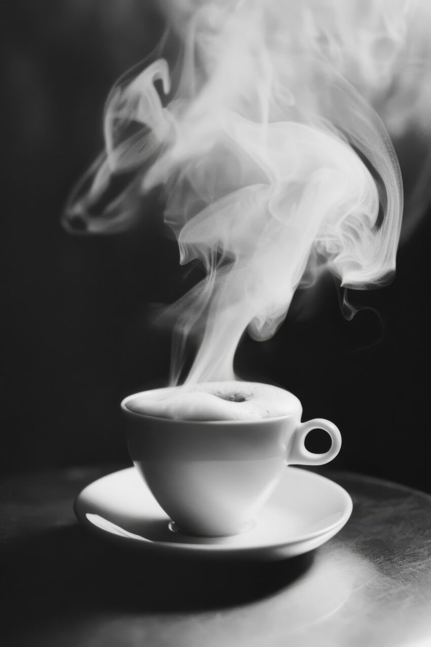 Fotografie Poster Kaffee Tasse schwarzweiß Dampfwolke