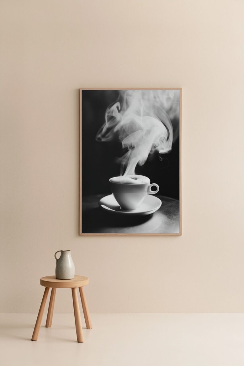 Fotografie Poster Kaffee Tasse schwarzweiß Dampfwolke