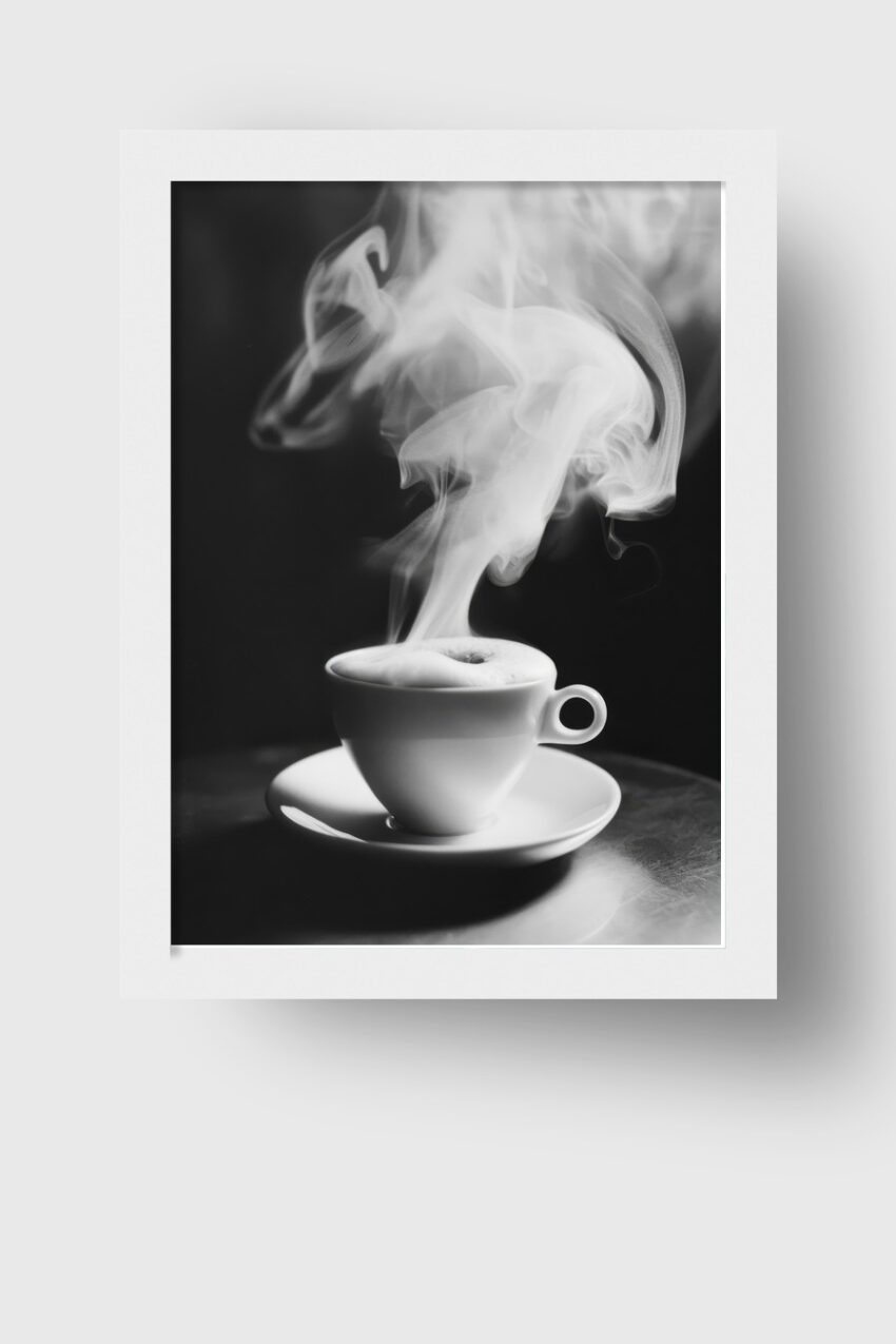 Fotografie Poster Kaffee Tasse schwarzweiß Dampfwolke
