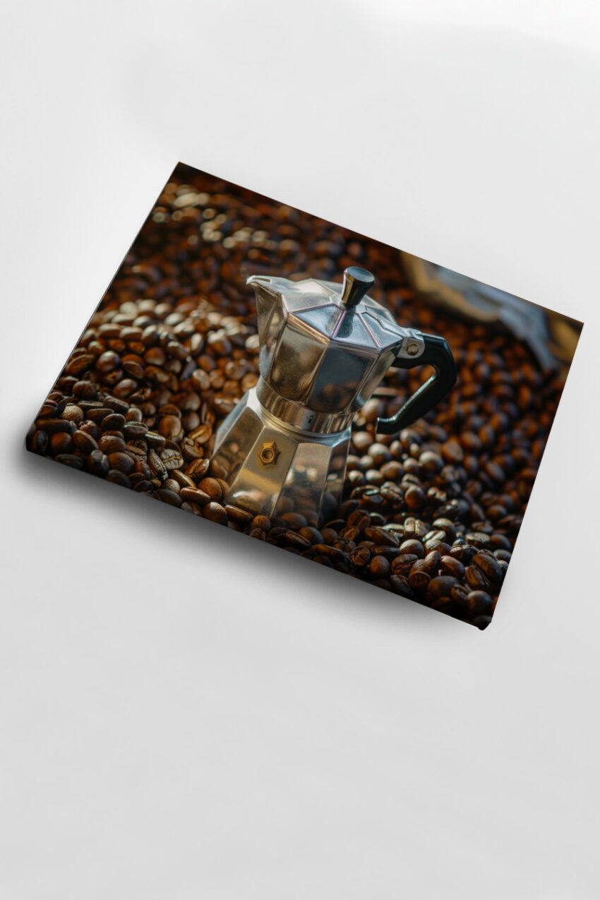 Fotografie Poster Espressokocher Kaffeebohnen metallisch braun