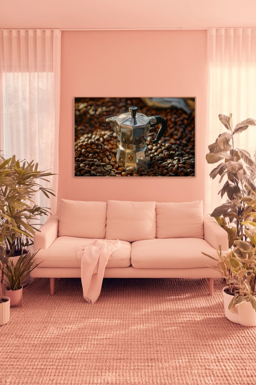 Fotografie Poster Espressokocher Kaffeebohnen metallisch braun