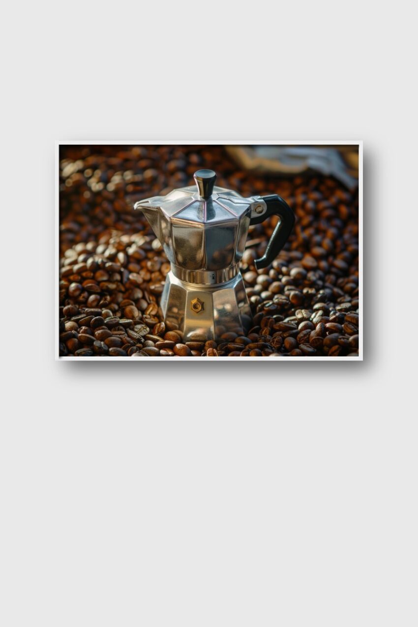 Fotografie Poster Espressokocher Kaffeebohnen metallisch braun
