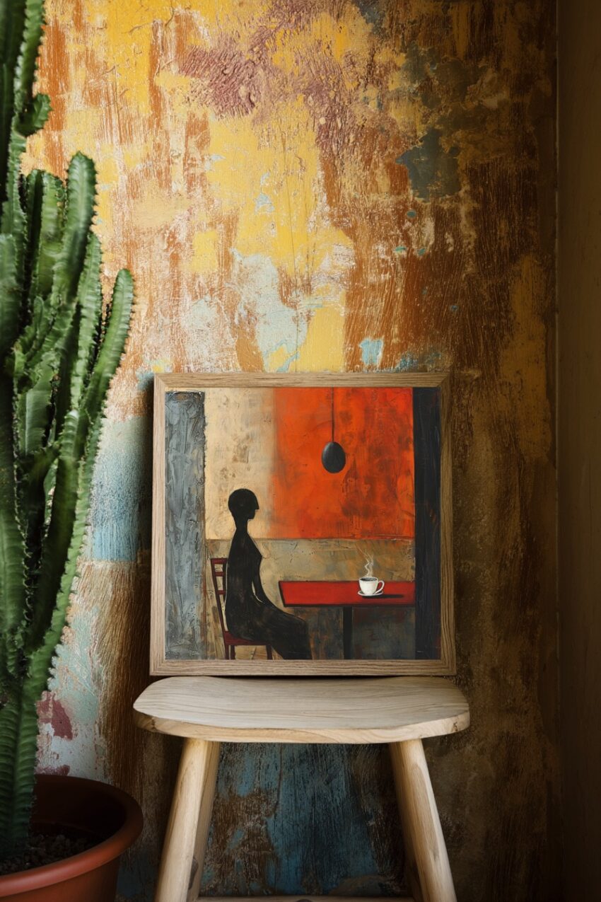 Malerei Poster Frau am Tisch Kantig rot schwarz