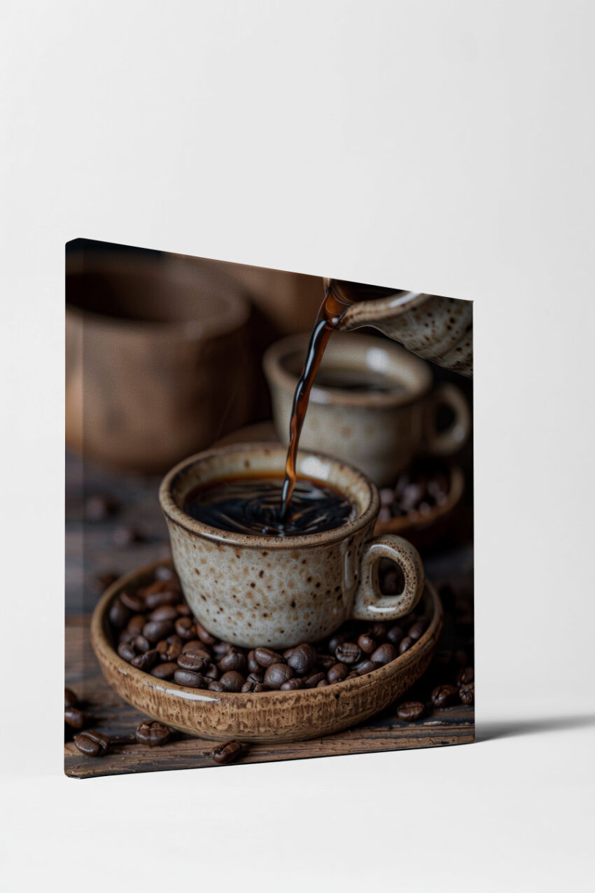 Fotografie Poster Kaffee schwarz Keramik Tasse Kaffeebohnen
