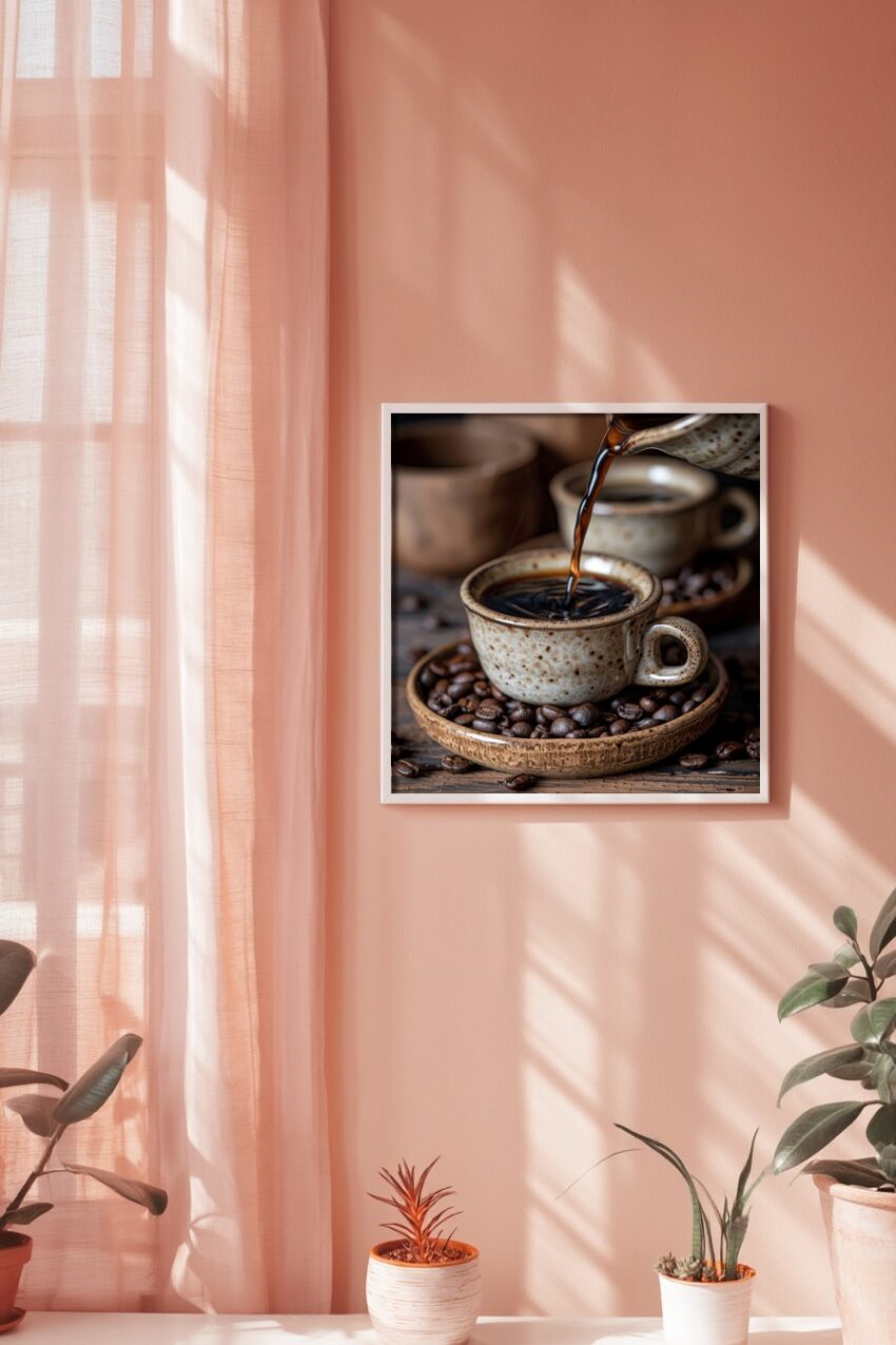 Fotografie Poster Kaffee schwarz Keramik Tasse Kaffeebohnen