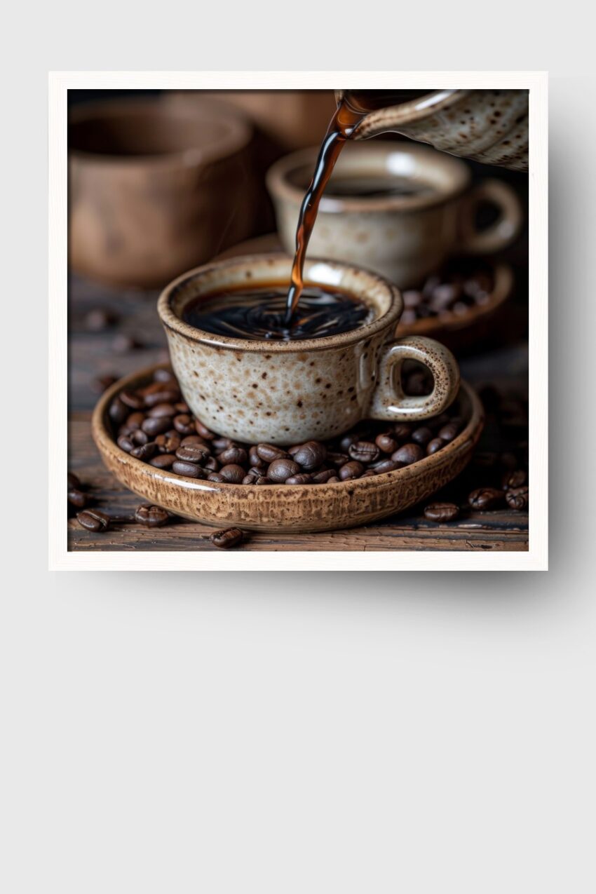 Fotografie Poster Kaffee schwarz Keramik Tasse Kaffeebohnen