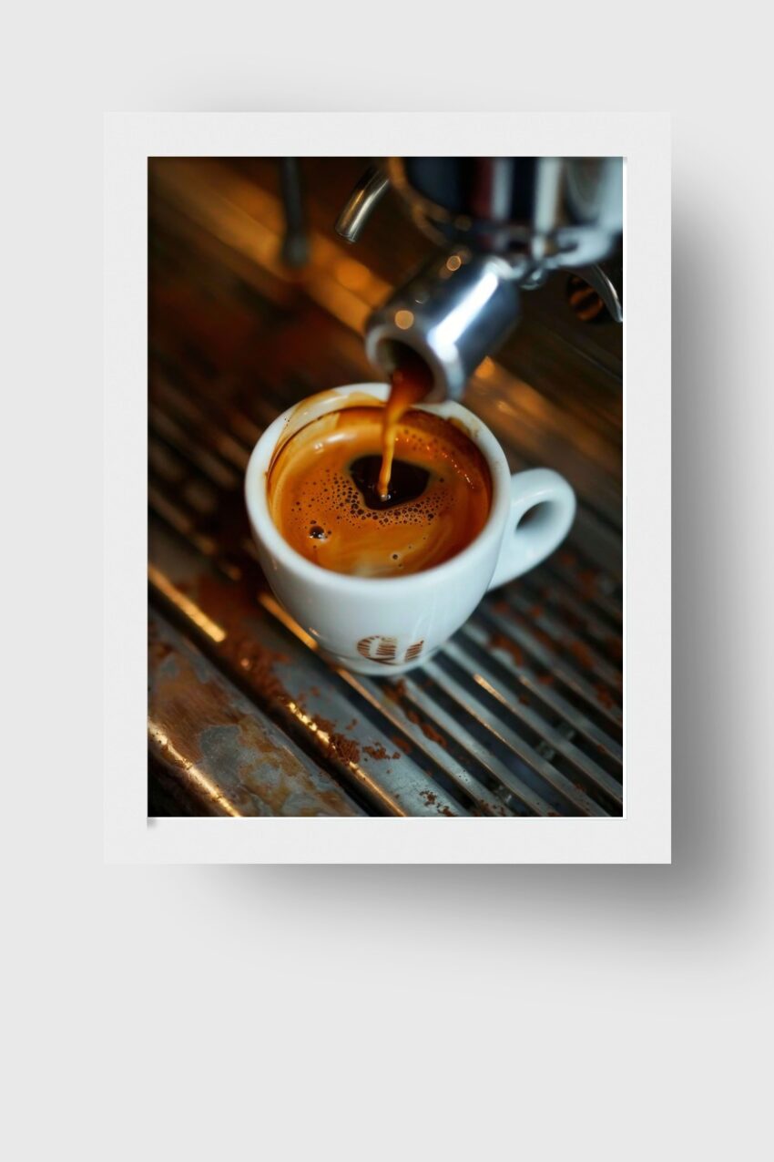 Fotografie Poster Espressotasse frisch gebrüht braun weiß