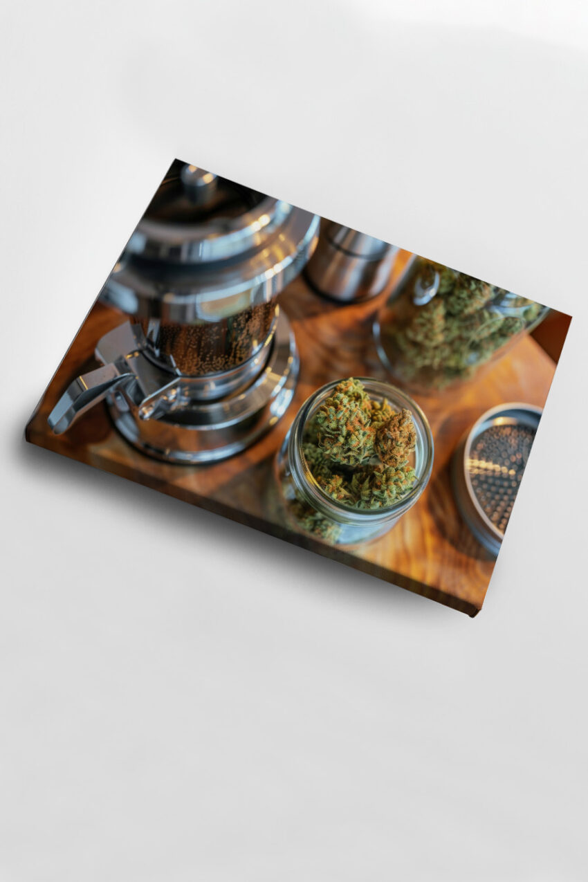 Fotografie Poster Cannabisblüten Glas Nahaufnahme grün braun