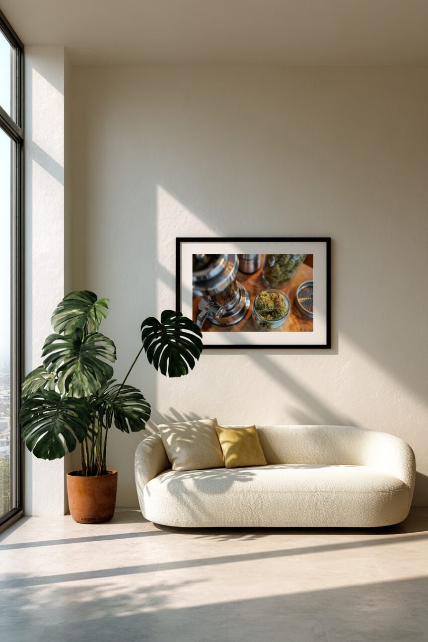 Fotografie Poster Cannabisblüten Glas Nahaufnahme grün braun