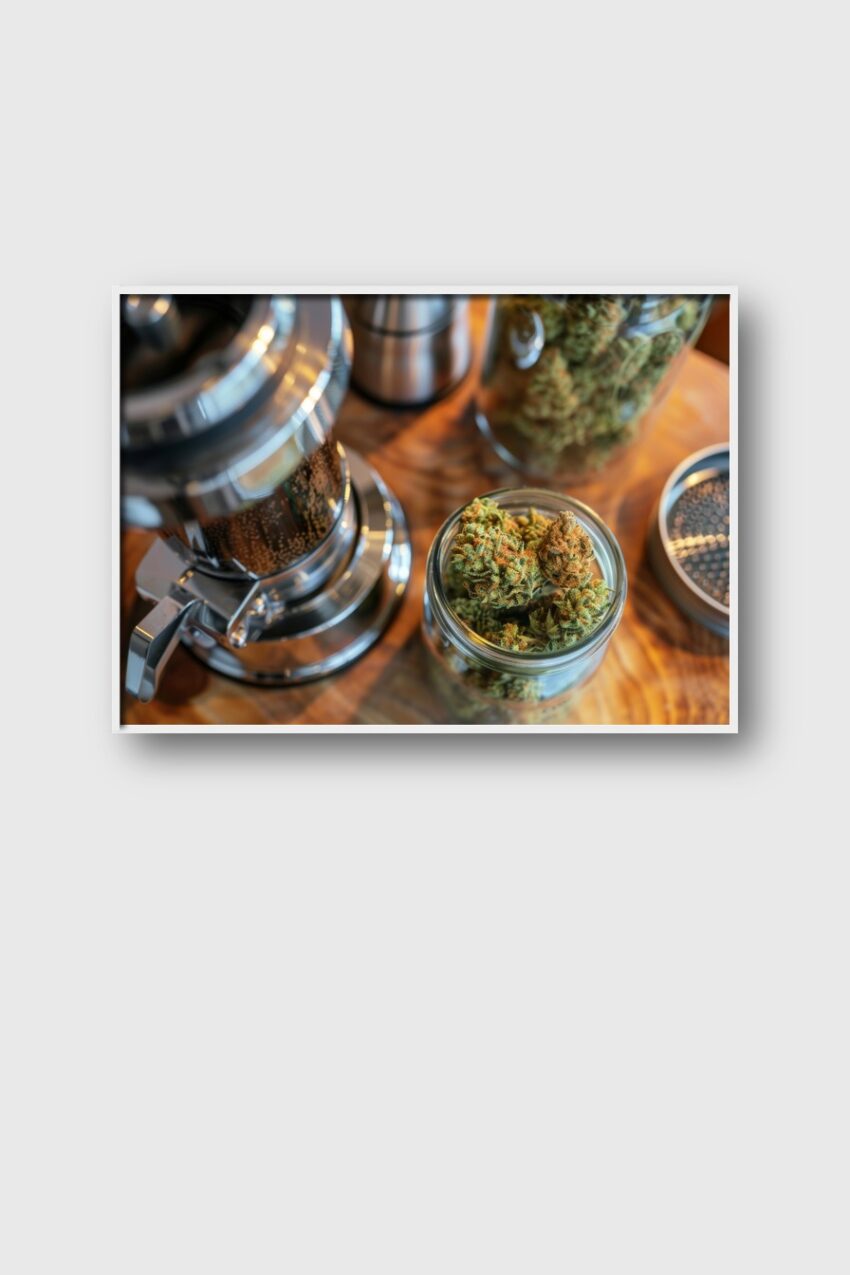 Fotografie Poster Cannabisblüten Glas Nahaufnahme grün braun