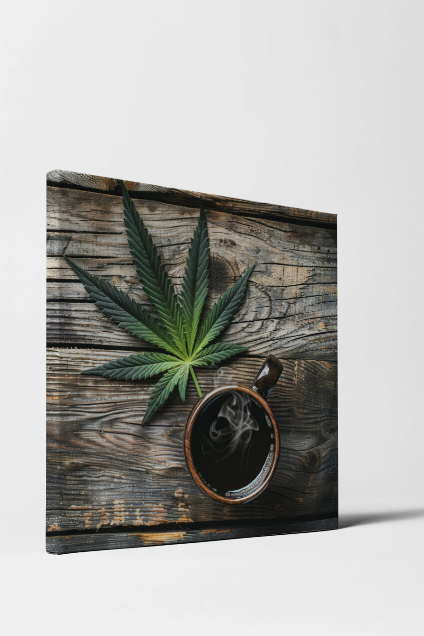 Fotografie Poster Hanfblatt Kaffeetasse grün braun natürlich