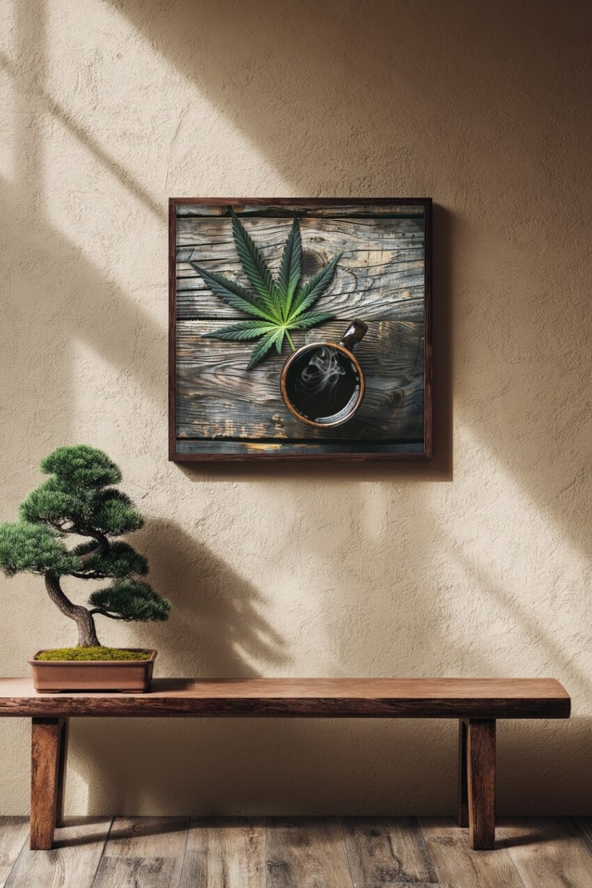 Fotografie Poster Hanfblatt Kaffeetasse grün braun natürlich