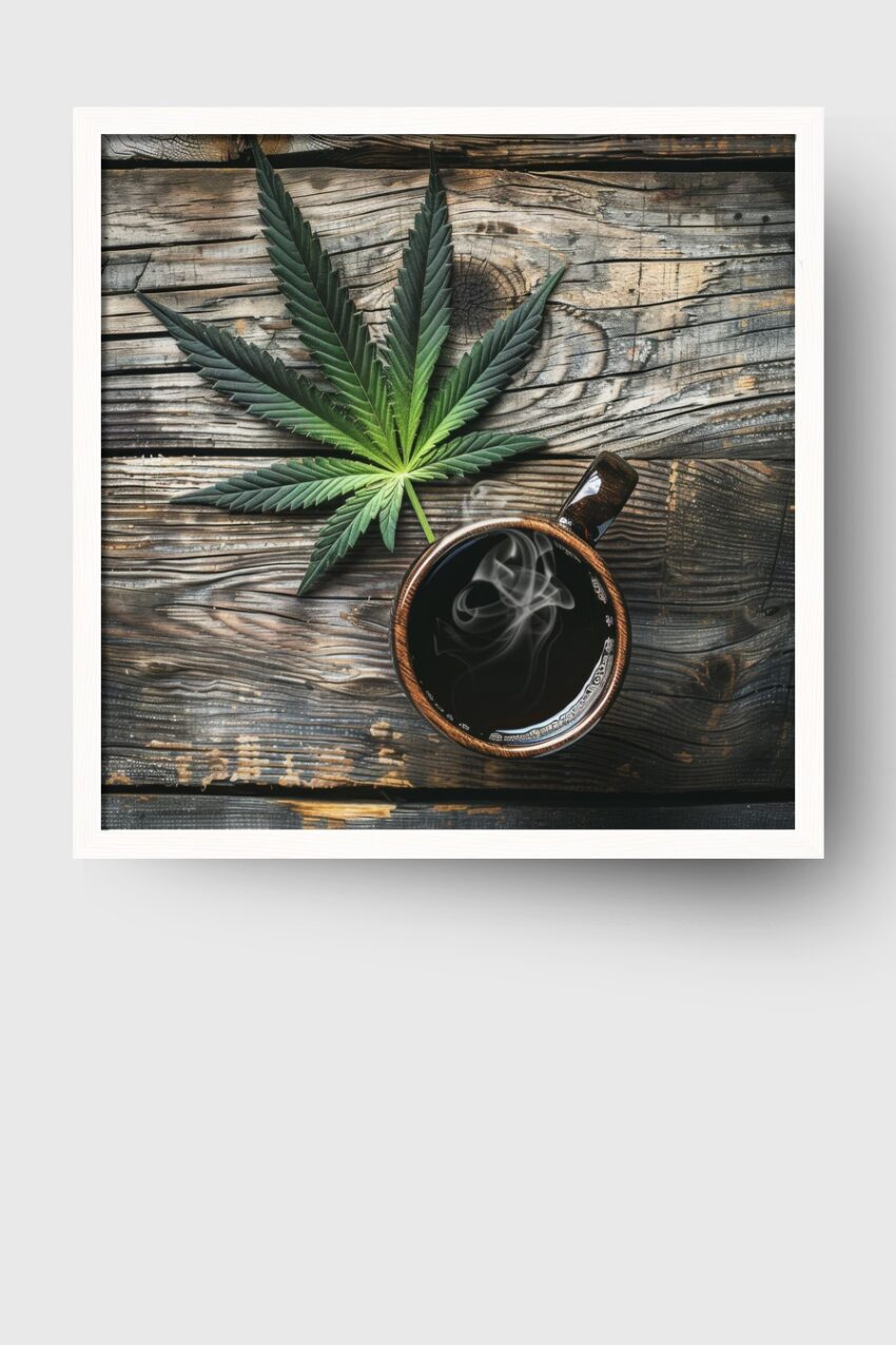 Fotografie Poster Hanfblatt Kaffeetasse grün braun natürlich