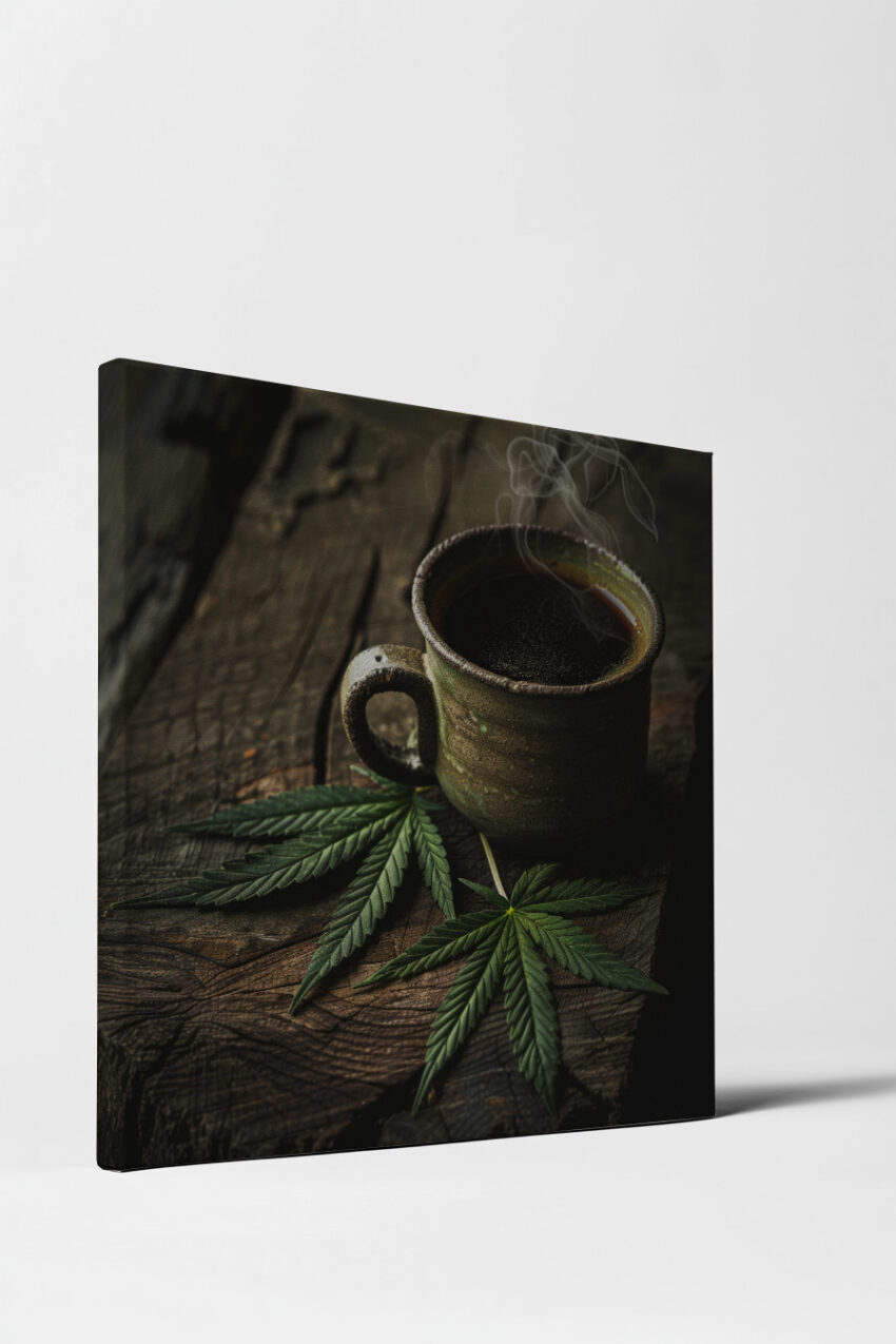 Fotografie Poster Tasse Hanfblatt warm dampfend
