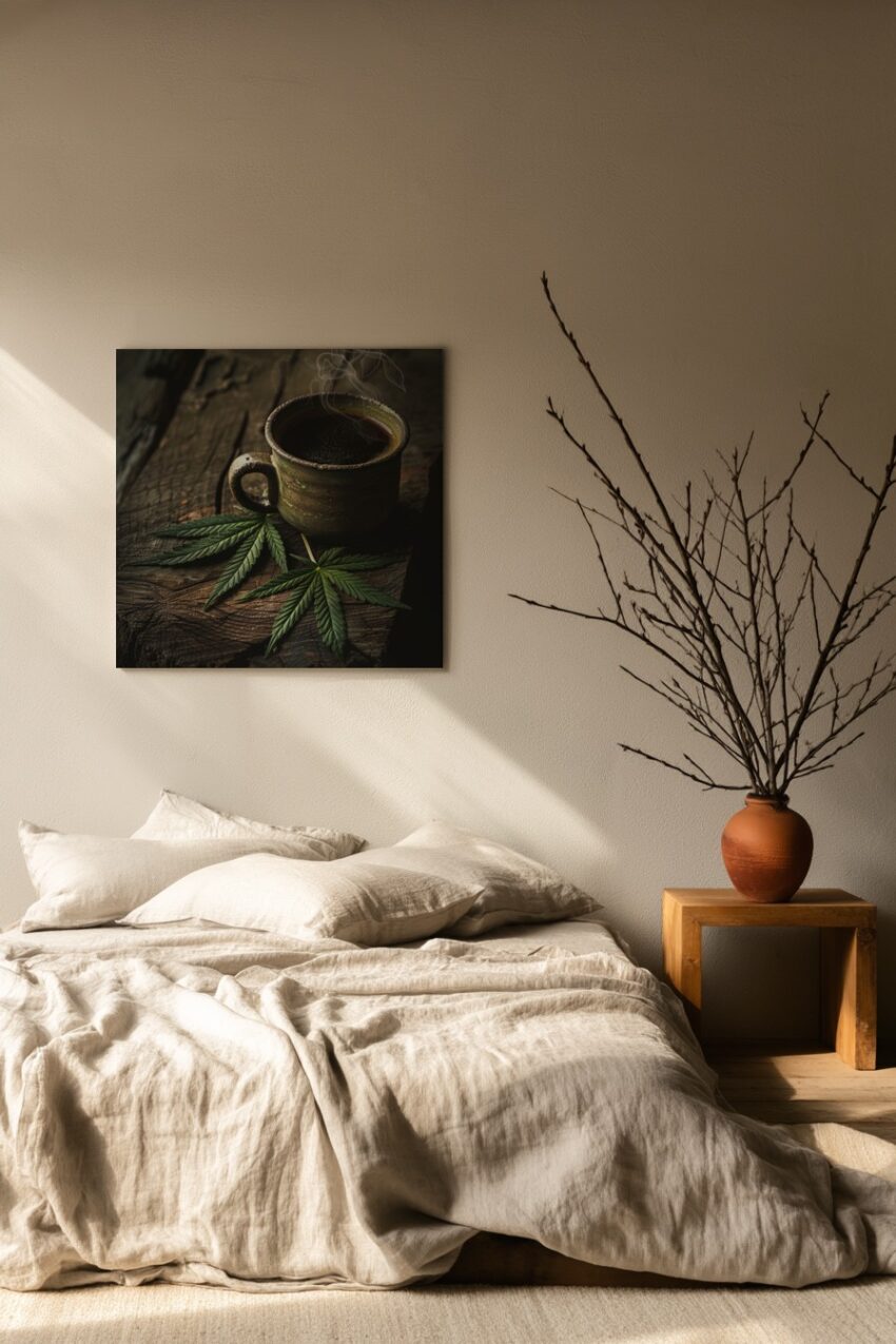 Fotografie Poster Tasse Hanfblatt warm dampfend