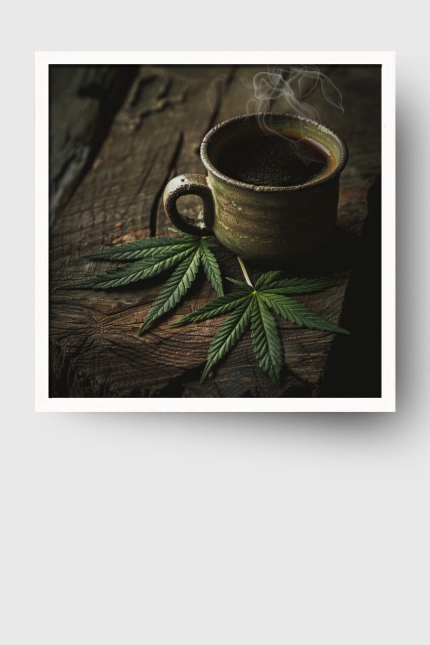Fotografie Poster Tasse Hanfblatt warm dampfend