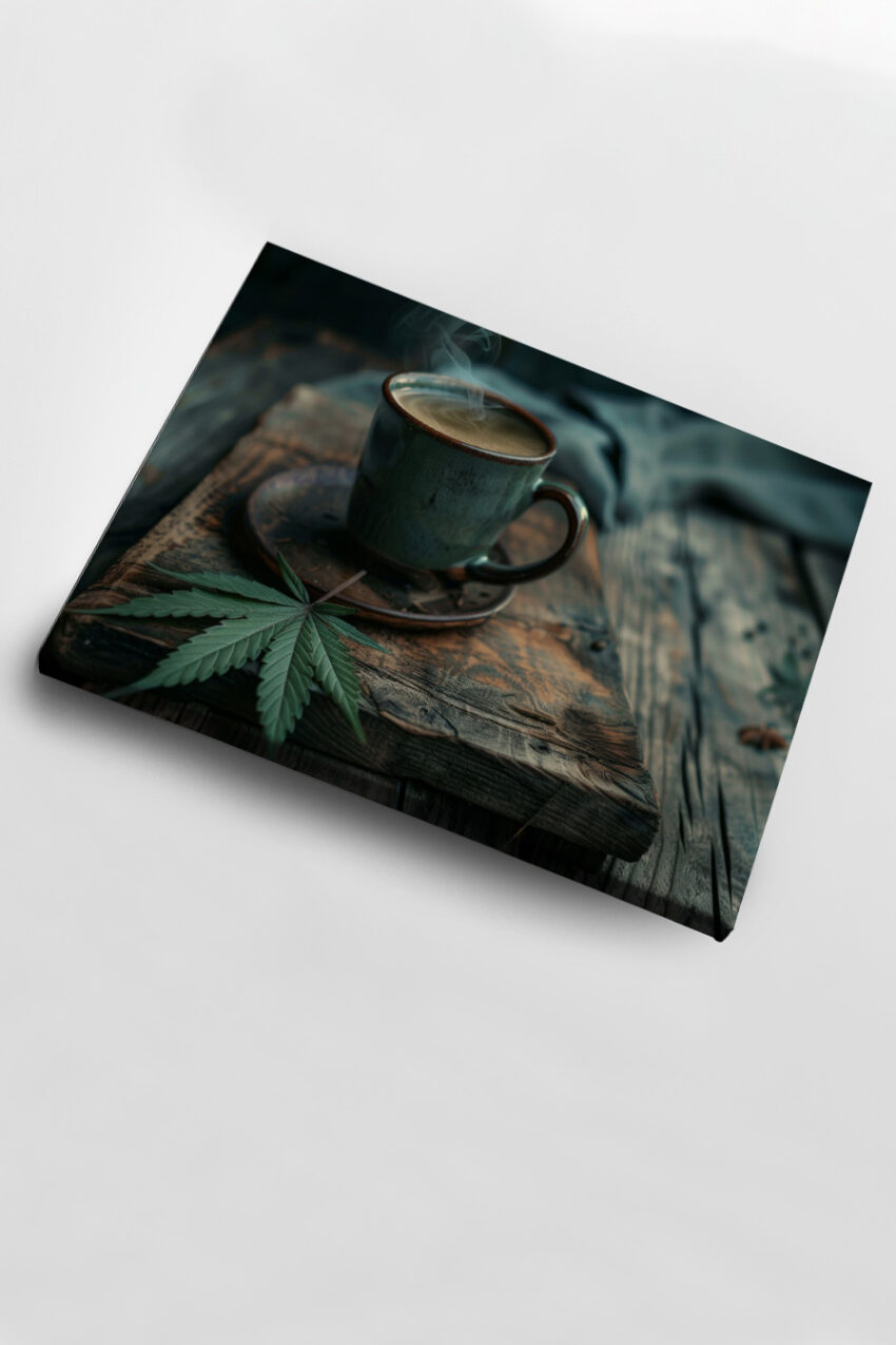 Fotografie Poster Kaffeetasse Dampf grün Blatt auf Holz rustikal