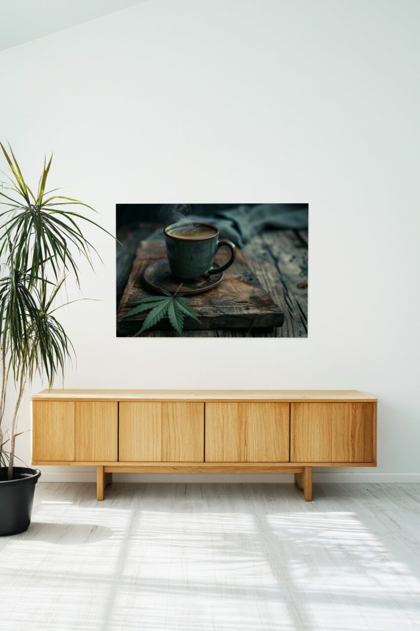 Fotografie Poster Kaffeetasse Dampf grün Blatt auf Holz rustikal
