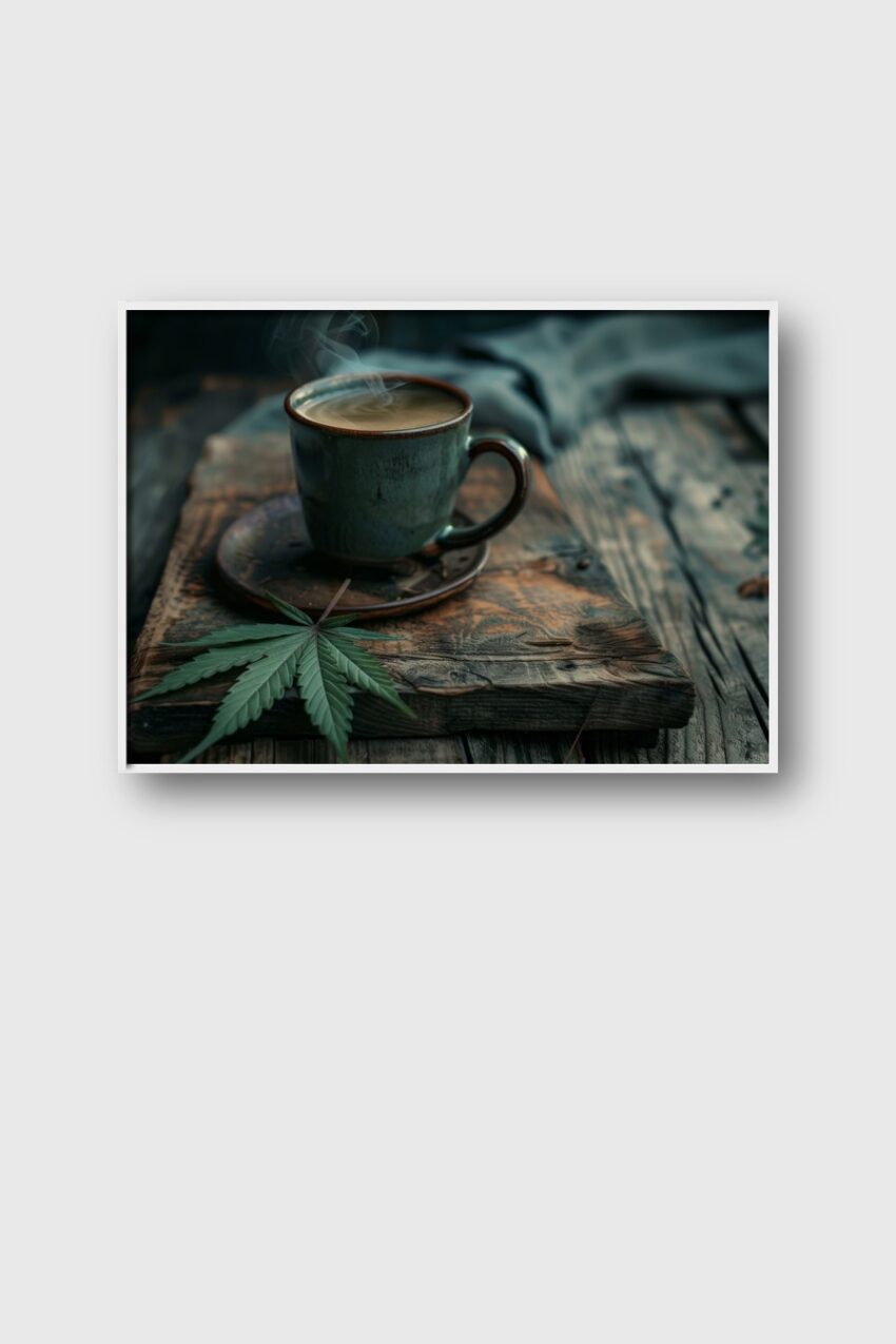 Fotografie Poster Kaffeetasse Dampf grün Blatt auf Holz rustikal